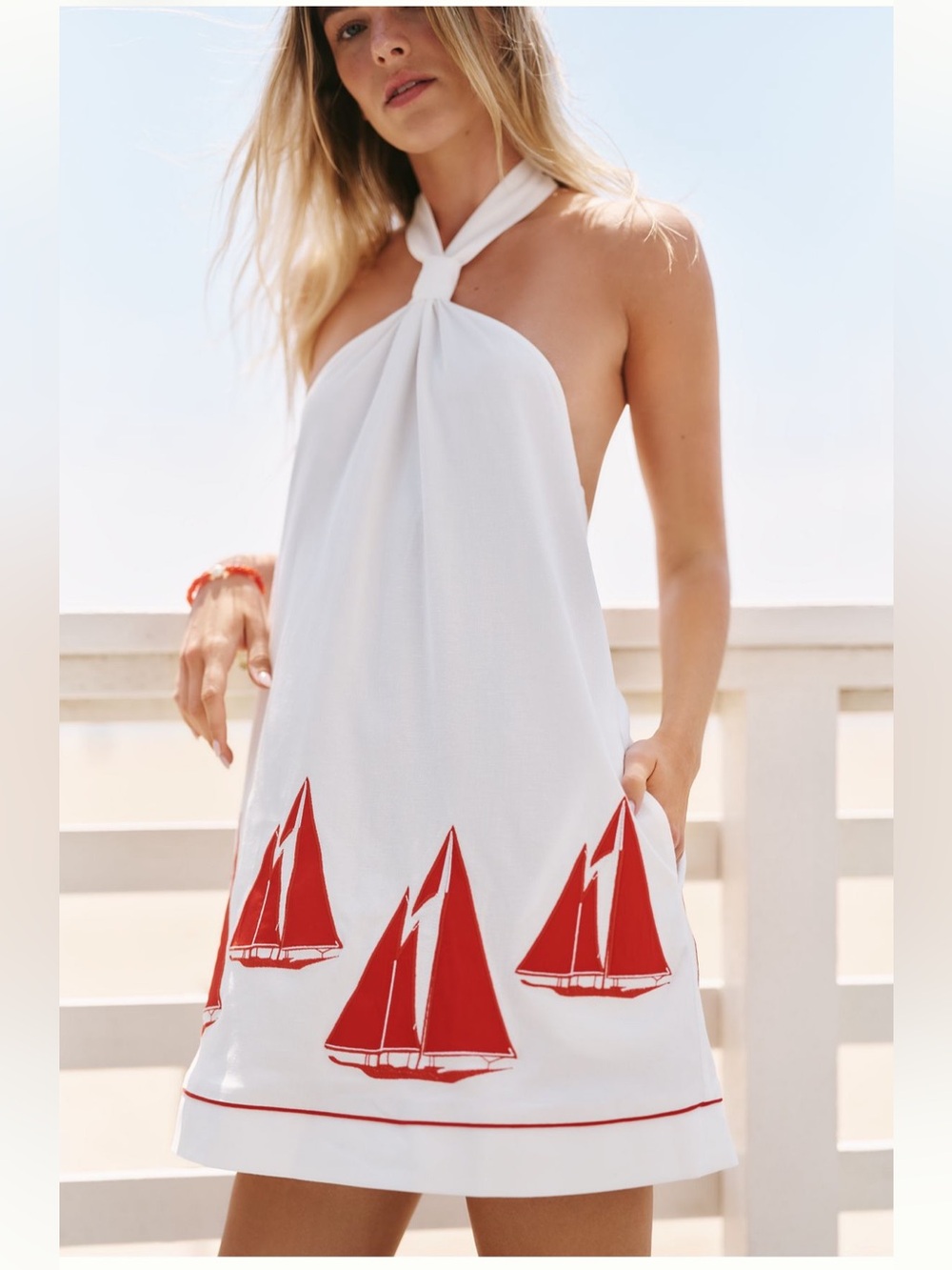 NEW Celandine x Anthropologie White Halter Mini Dress with Red Sailboat Motif